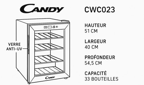 découvrez la cave à vin connectée candy cwc023, capable de contenir jusqu'à 23 bouteilles, pour une conservation optimale et un contrôle facile de la température via votre smartphone.