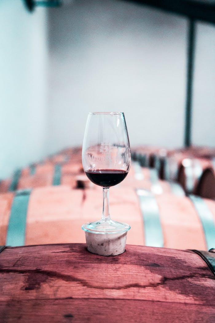Accueil - Guide Cave à Vin A glass of red wine elegantly placed on a wooden barrel in a Stellenbosch winery cellar.